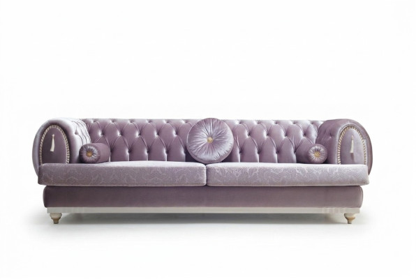 Lila Chesterfield driepersoons designer bankstel met houten frame