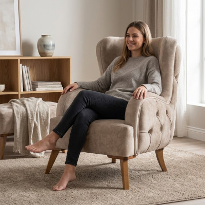 Textiel gestoffeerde fauteuil bank bank stoel luxe kleurrijke ontspanning beige Chesterfield Nieuw