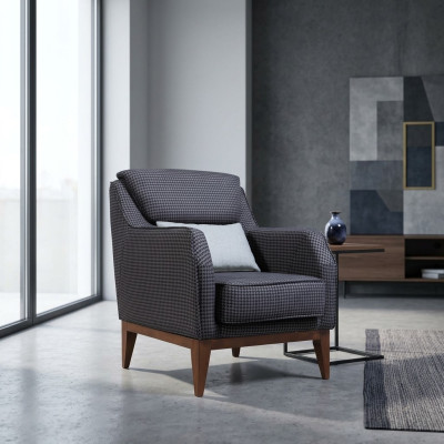 Grijze gestoffeerde éénzitter fauteuil met armleuningen, ontwerpersstoel.