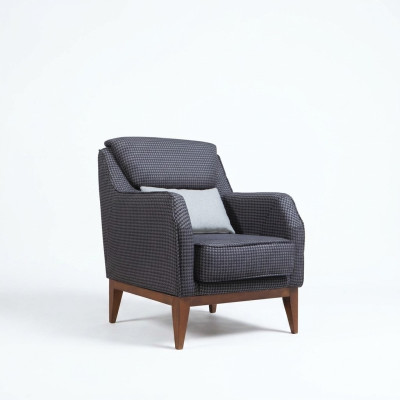 Grijze gestoffeerde éénzitter fauteuil met armleuningen, ontwerpersstoel.