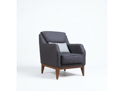 Grijze gestoffeerde éénzitter fauteuil met armleuningen, ontwerpersstoel.