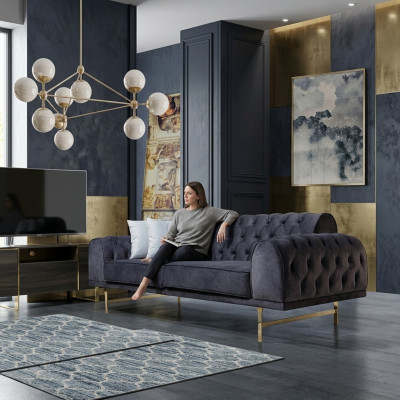 Blauwe driezits luxe bankstel voor de woonkamer met 3-zitter gestoffeerde banken.