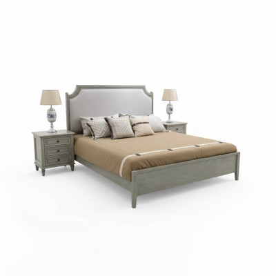 Premium tweepersoonsbed in klassiek ontwerp in grijs met wit lederen bekleding