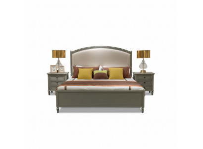 Premium tweepersoonsbed in klassiek design in grijs met beige leren bekleding.