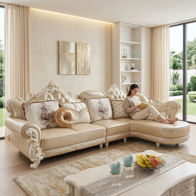 Hoekbank L-vormige woonlandschap bank meubels leer hout Bank Chesterfield
