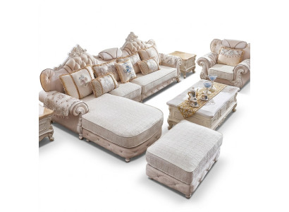 Hoekbank L-vorm Fauteuil Voetenbank Bank Hout met Textiel Barok Rococo