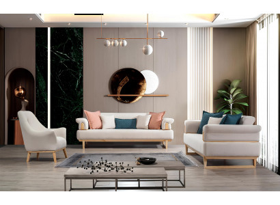 Moderne bankstelset van 3+3+1-zitsbanken met houten frame en textielbekleding.