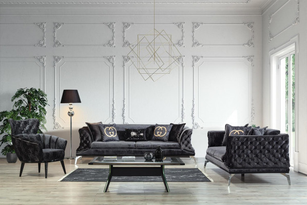 Zwarte bankstel sofa set 3+1 zit Chesterfield woonkamer gestoffeerd