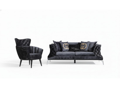 Zwarte bankstel sofa set 3+1 zit Chesterfield woonkamer gestoffeerd