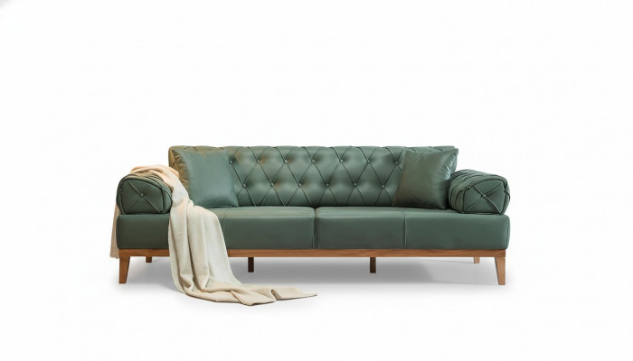 Chesterfield bank 3-zits bank bankstel Groen Nieuw Textiel Hout 220cm