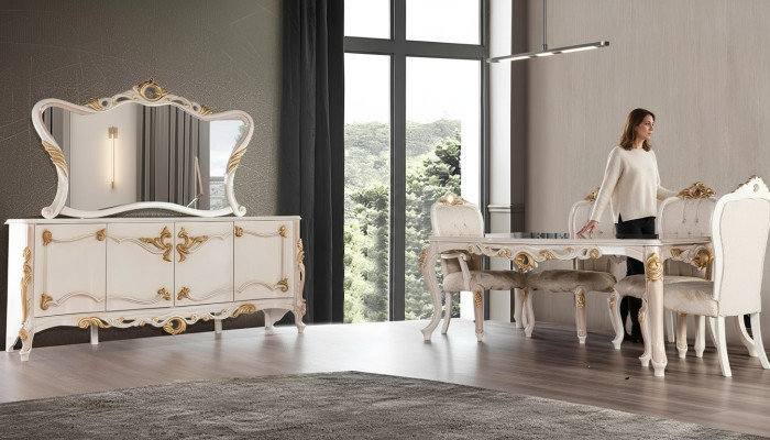 Garnituur Set 7-delig. Eettafel Stoel Dressoir Spiegel Eetstoelen Tafels