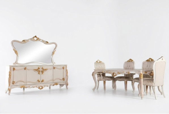 Garnituur Set 7-delig. Eettafel Stoel Dressoir Spiegel Eetstoelen Tafels