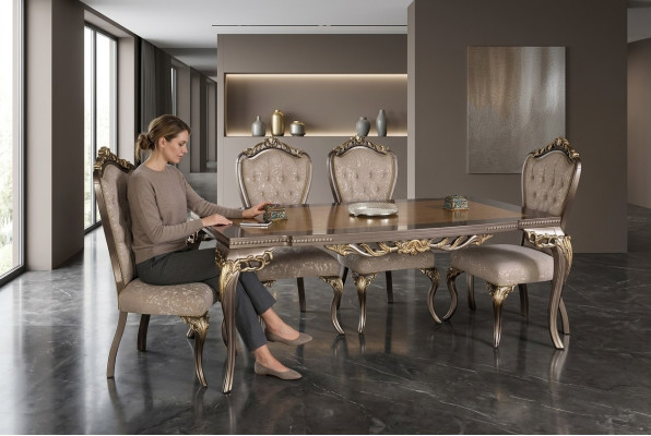 Stoelset 4x leunstoelen Eetkamerstoel Hout Luxe Eetkamer Stof Barok Stoelen