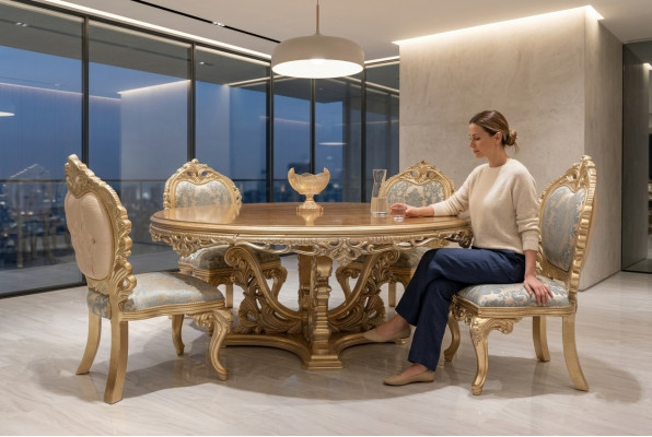 5-delige klassieke eetkamerset met ronde tafel en stoelen