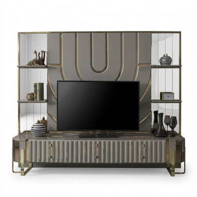 TV-standaard RTV Lowboard dressoir woonkamer goud grijs luxe hout nieuw