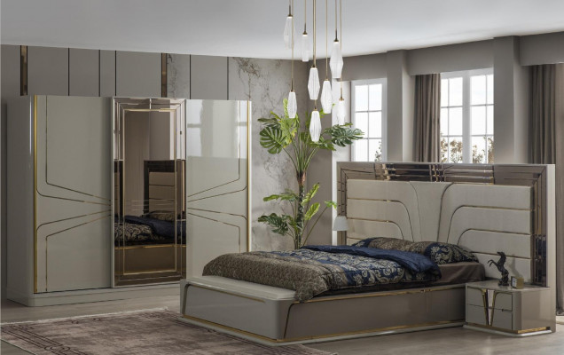 Slaapkamer set met tweepersoonsbed, luxe bed, modern beige, 3-delig, nieuw