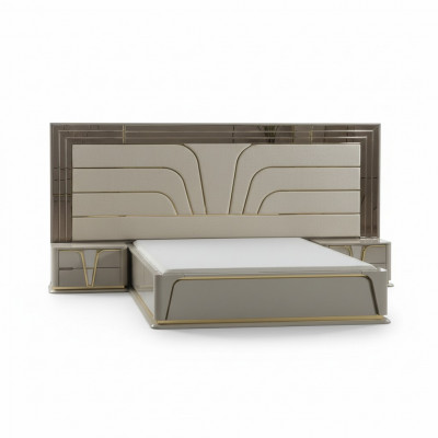 Slaapkamer set met tweepersoonsbed, luxe bed, modern beige, 3-delig, nieuw