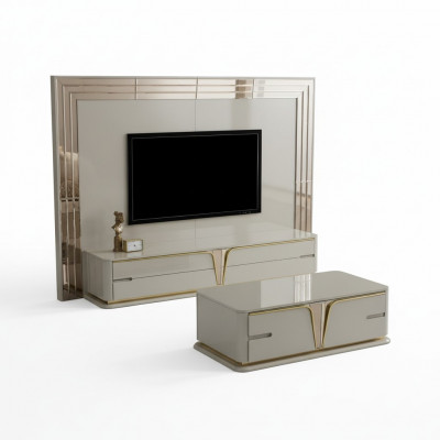 TV-standaard RTV Lowboard dressoir woonkamer Goud Beige Luxe Hout Nieuw