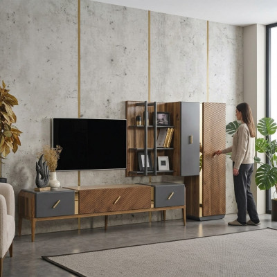 Zet wandmeubel tv-standaard RTV laag tv-meubel dressoir planken hout bruin