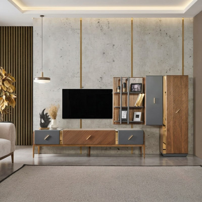 Zet wandmeubel tv-standaard RTV laag tv-meubel dressoir planken hout bruin