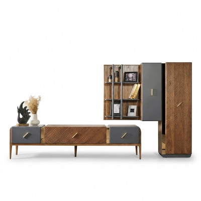Zet wandmeubel tv-standaard RTV laag tv-meubel dressoir planken hout bruin