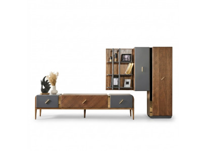 Zet wandmeubel tv-standaard RTV laag tv-meubel dressoir planken hout bruin