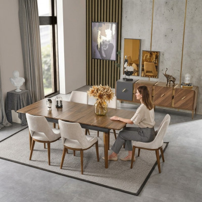 Eetgroep Eetkamer Eettafel Set Luxe Stoelen Eethoek 5 delig Bruin