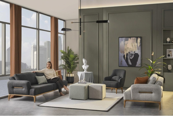 Zitbankstel Bank Fauteuil 431-Zits Stof Luxe Grijs Bankstellen Woonkamer