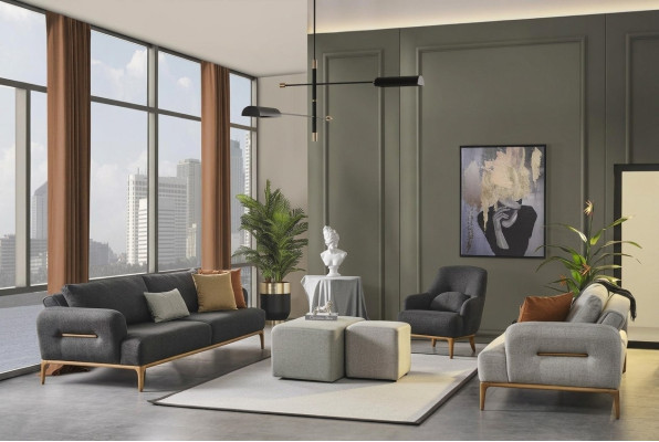 Zitbankstel Bank Fauteuil 431-Zits Stof Luxe Grijs Bankstellen Woonkamer