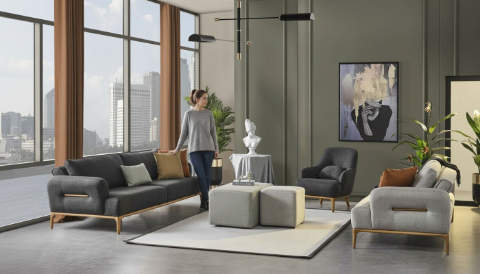 Sofagroep Bank Fauteuil 3-zits Stof Luxe Grijs Banken Woonkamer