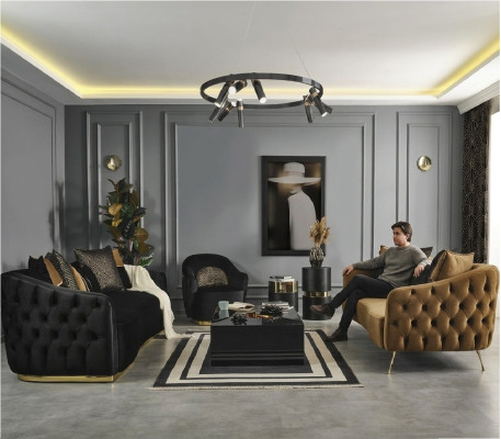 Chesterfield bankstel bank fauteuil blauw polyester luxe set 3-delig  Chesterfield bankstel bank fauteuil blauw polyester luxe set 3-delig