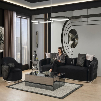 Bankstel Bank 4 stoelen Fauteuil Vierzitter Stof Zwart Polyester
