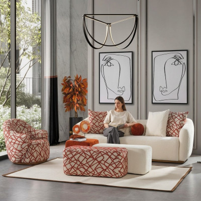 Sofa set woonkamer set bankstel 4-zits fauteuil 3x poef wit vierzitter stof