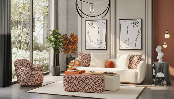 Sofa set woonkamer set bankstel 4-zits fauteuil 3x poef wit vierzitter stof