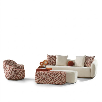 Sofa set woonkamer set bankstel 4-zits fauteuil 3x poef wit vierzitter stof