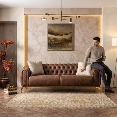 Chesterfield vierzitsbank 4-zitsbank polyester bruin kunstleer