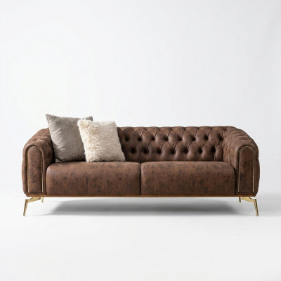 Chesterfield vierzitsbank 4-zitsbank polyester bruin kunstleer