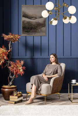 Fauteuil moderne met hoge rugleuning, stof, grijs, designstoel voor de woonkamer.