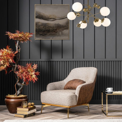 Fauteuil moderne met hoge rugleuning, stof, grijs, designstoel voor de woonkamer.