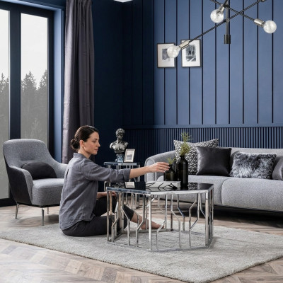 Moderne set bankstel 3 zits fauteuil driepersoons stof grijs Modern polyester