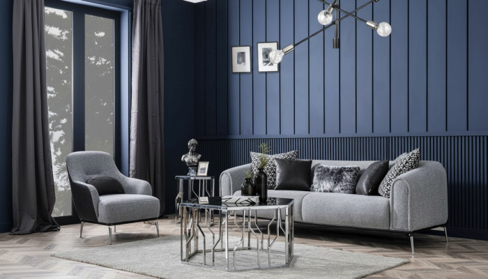 Moderne set bankstel 3 zits fauteuil driepersoons stof grijs Modern polyester