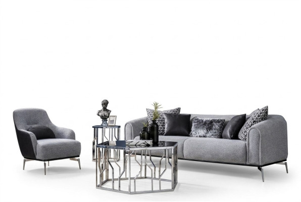 Moderne set bankstel 3 zits fauteuil driepersoons stof grijs Modern polyester
