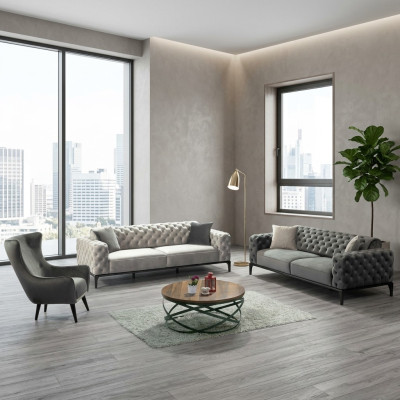 Chesterfield bankstel Bank 3-zits stof grijs Luxe bankstellen Zitplaatsen Chesterfield bankstel Bank 3-zits stof grijs Luxe bankstellen Zitplaatsen