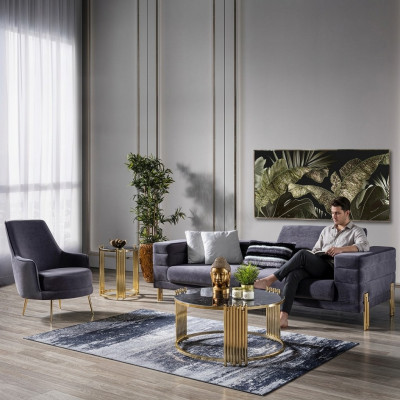 Luxe bankstel Bankstel 3-zits fauteuil stof Modern Grijs Moderne set