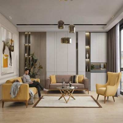 Sofaset Compleet Bankstel 4-zits Fauteuil Stof Geel Set 3-delig Nieuw