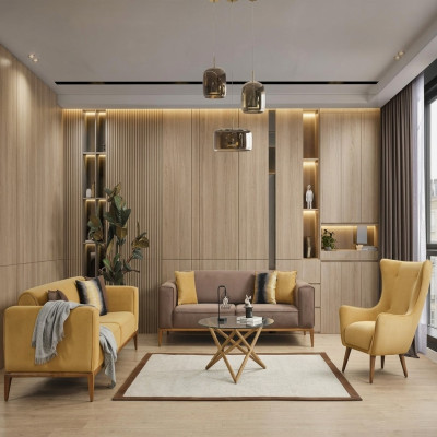 Sofaset Compleet Bankstel 4-zits Fauteuil Stof Geel Set 3-delig Nieuw