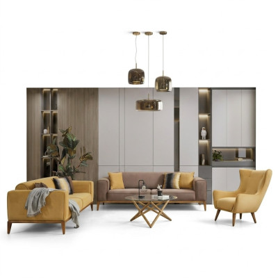 Sofaset Compleet Bankstel 4-zits Fauteuil Stof Geel Set 3-delig Nieuw