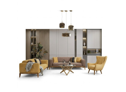 Sofaset Compleet Bankstel 4-zits Fauteuil Stof Geel Set 3-delig Nieuw