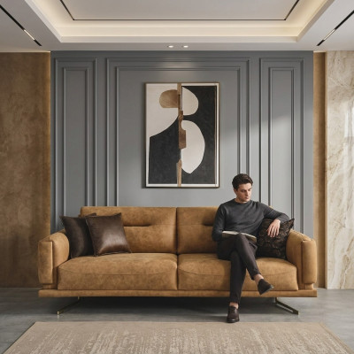 Driedelige bankstel 3-zits bankstellen Bruin kunstleer Woonkamer Luxe zitplaatsen