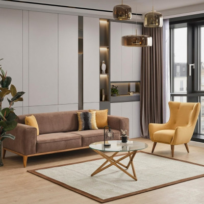 Sofa set Bankstel 4-zits Fauteuil Geel Stof Bruin Modern Vierzitter
